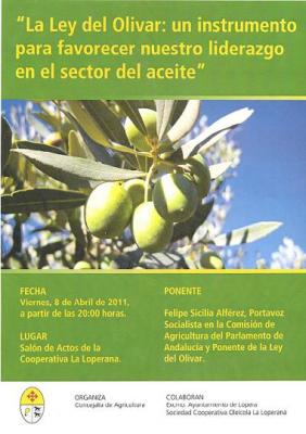 Charla sobre la Ley del olivar el día 8 de Abril en el Salón de Actos de la Cooperativa La Loperana