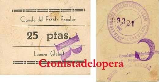Cartón de 25 pesetas emitido por el Comité del Frente Popular de Lopera. Año 1936