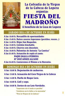 La Cofradía de la Virgen de la Cabeza de Lopera organiza el 8 y 9 de Octubre la Fiesta del Madroño a beneficio de la Casa de Lopera en las faldas del Santuario de la Virgen de la Cabeza