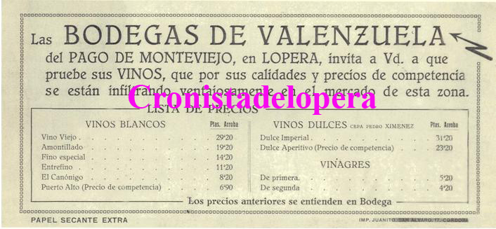 Propaganda de los tipos vinos elaborados por las Bodegas Valenzuela de Lopera en el año 1932 y sus precios de venta al público en el despacho de la Bodega