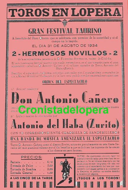 Cartel de Toros en Lopera a beneficio del Paro Obrero en 1934