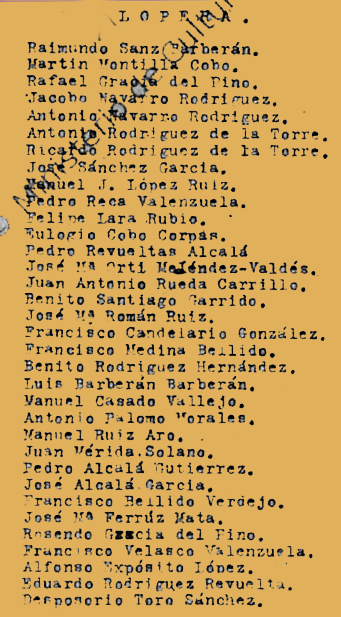 Relación Nominal de Presos Políticos de Lopera, que procedentes de la Cárcel Provincial de Jaén formaban el primer Tren de los llamados de  La Muerte el día 11 de Agosto de 1936