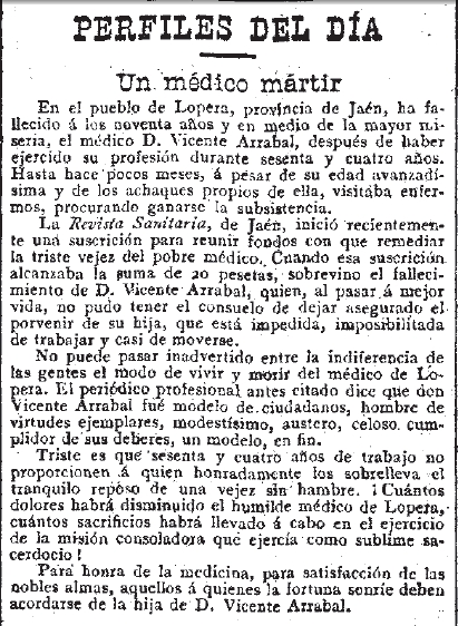 Semblanza del Médico Vicente Arrabal, que ejerció la medicina en Lopera durante 64 años (1841-1905) y murió a los 90 en medio de la mayor miseria.