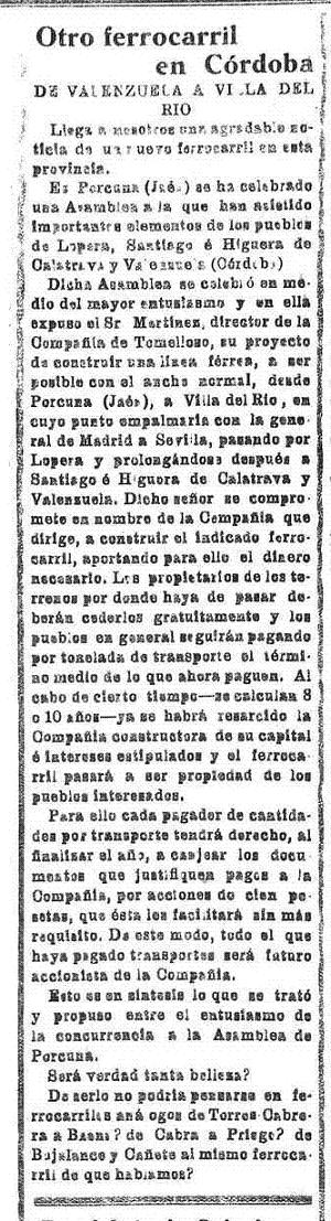 Otro Proyecto de Ferrocarril de Valenzuela a Villa del Río pasando por Lopera del año 1927.