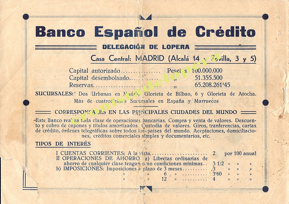Publicidad del Banco Español de Crédito en Lopera en 1934