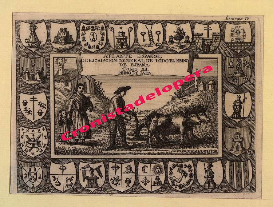 Estampa de campesinos jiennenses con una orla de escudos de las poblaciones del Reino de Jaén en 1787
