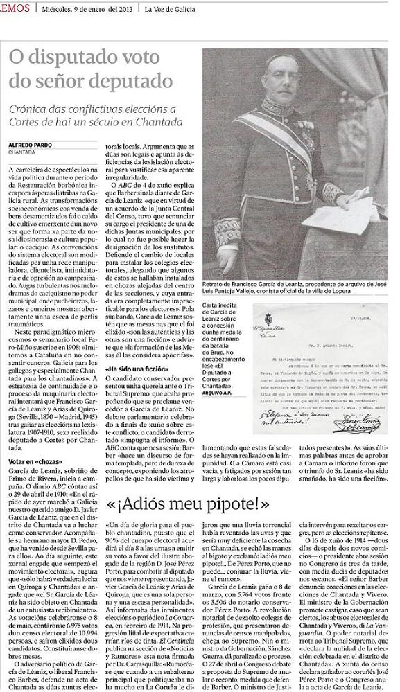 La Voz de Galicia dedica un artículo al que fuera Diputado a Cortes por Chantada Francisco Javier García de Leaniz con foto del cronistadelopera