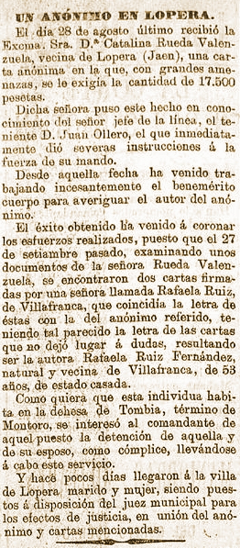 El descubrimiento de un anónimo que le pedía 17.500 pesetas a Dª Catalina Rueda mujer de D. Alonso Valenzuela en el año 1894