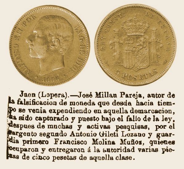 Capturado en Lopera un hombre por falsificar monedas de 5 pesetas en 1887