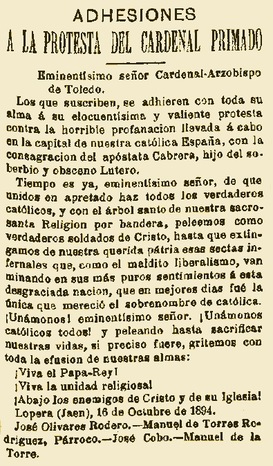 Adhesiones de varios loperanos a la Protesta del Cardenal Primado Arzobispo de Toledo a la Consagración del Apóstata Cabrera, hijo del soberbio obsceno Lutero en 1884.