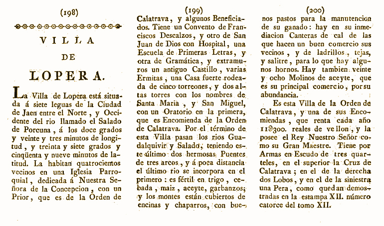Lopera según el Atlante Español de Bernardo Espinalt y García en el año 1787