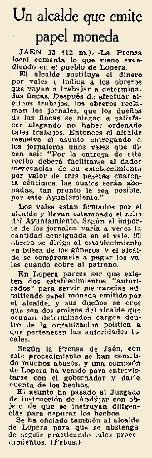 José Pedrosa Bueno, el Alcalde de Lopera que comenzó a emitir Papel Moneda en 1932