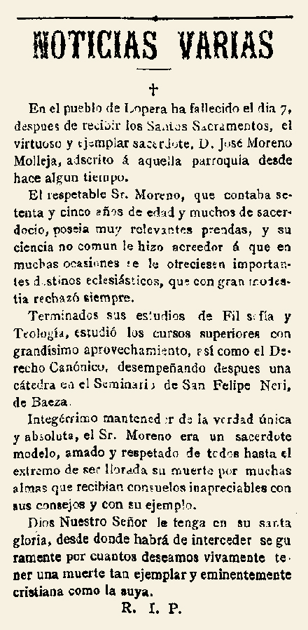 El párroco José Moreno Molleja fallecía y era enterrado en Lopera el 7 de Octubre de 1892