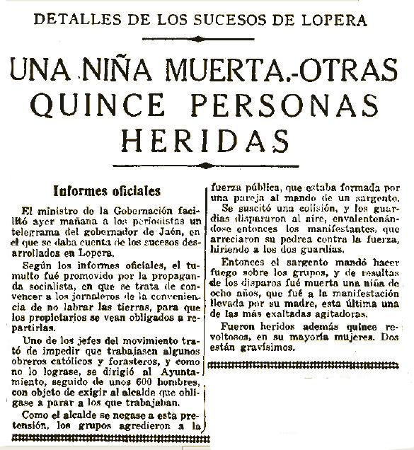 Los trágicos sucesos de diciembre de 1919 en Lopera se saldan con la muerte de una niña de 8 años y 15 heridos