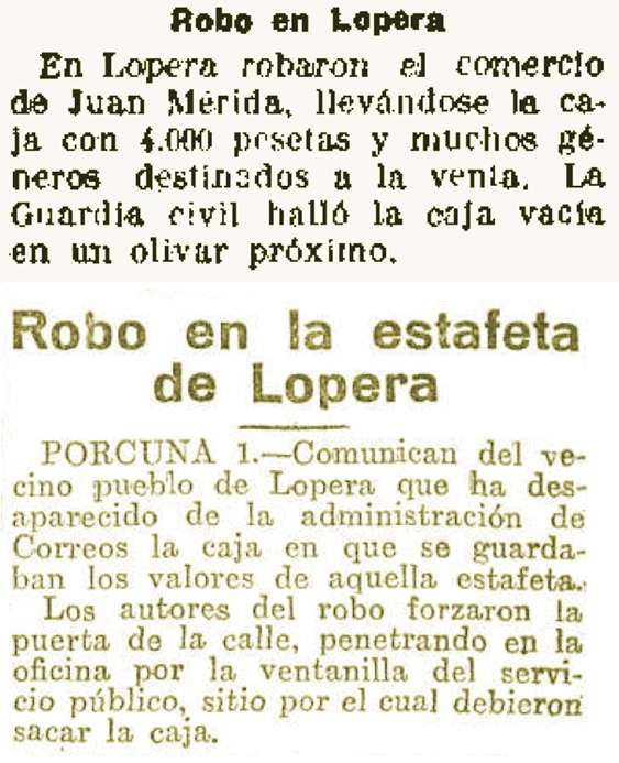 Lopera: Dos robos en un comercio en 1923 y en la Estafeta de Correos en 1929