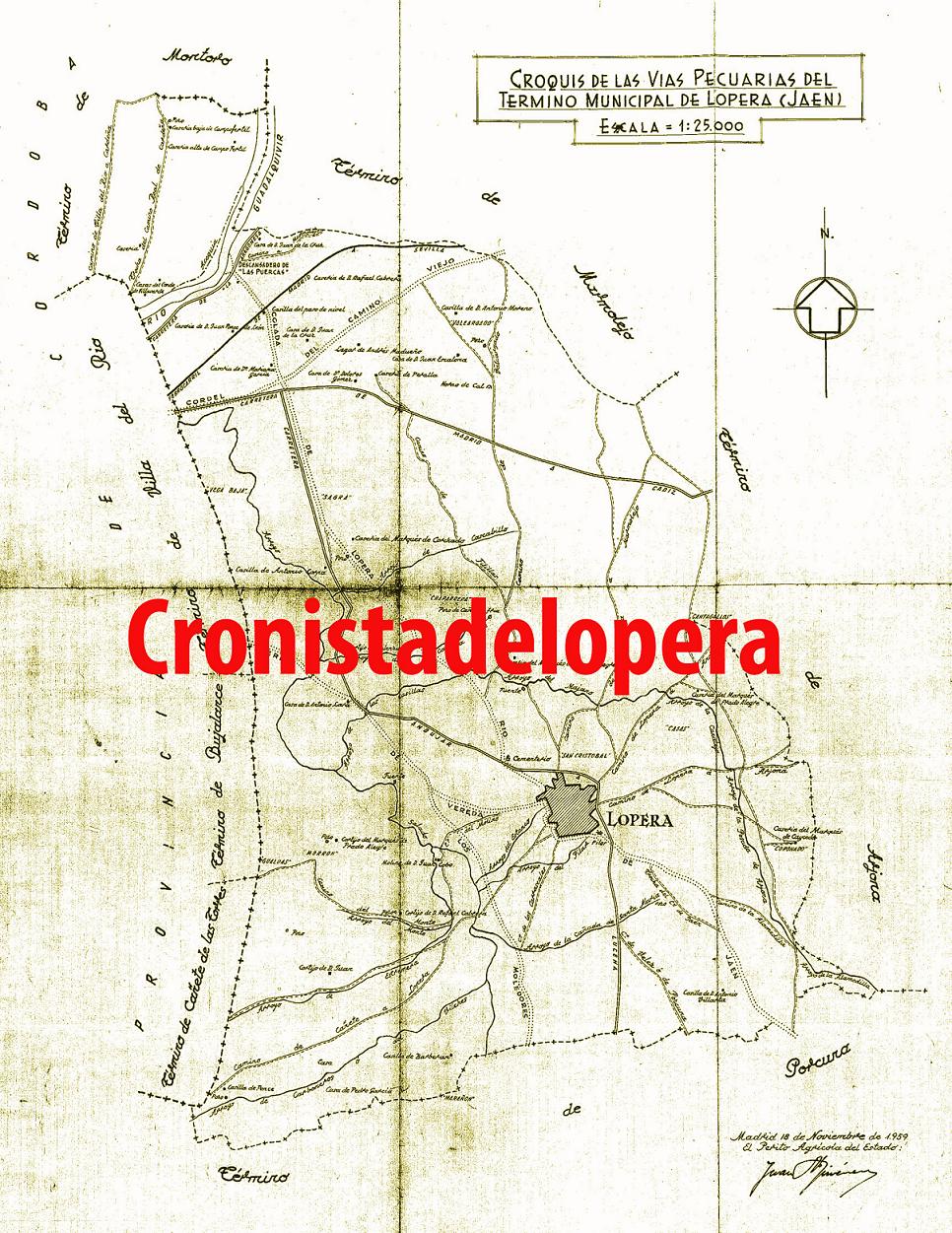 Plano original de las Vías Pecuarias del término Municipal de Lopera en 1959