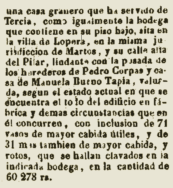 Subasta de la Casa de la Tercia de Lopera en 1847 por valor de  60.248 reales de vellón.