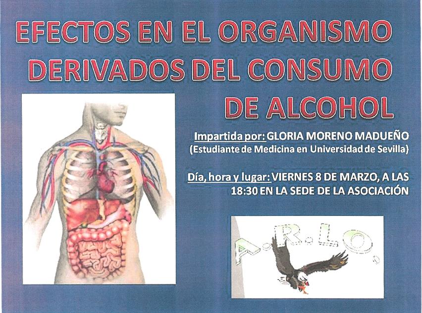 El día 8 de Marzo a las 18,30 horas charla sobre los Efectos en el Organismo Derivados del Consumo de Alcohol a cargo de Gloria Moreno Madueño en la sede de ARLO