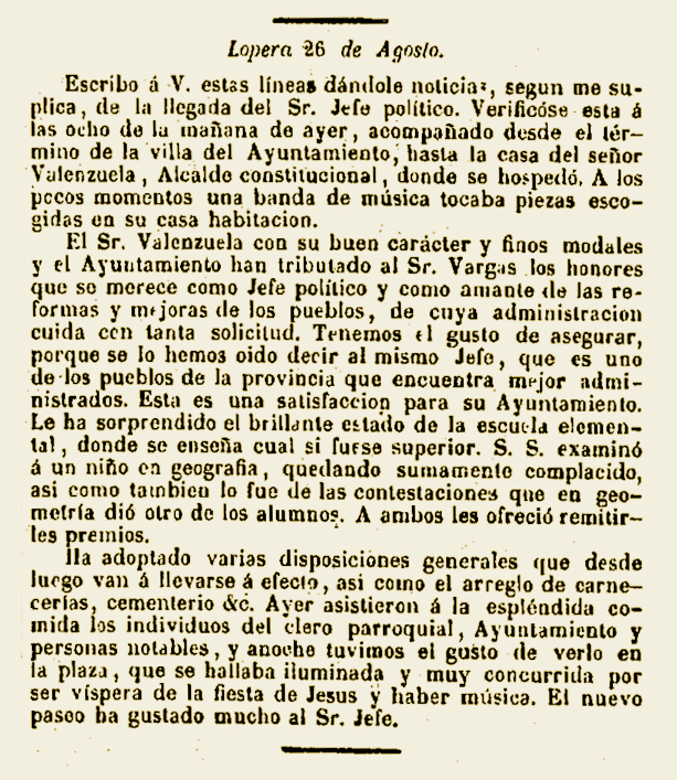 Visita a Lopera del Jefe Político Provincial D. Manuel Rafael de Vargas el 25 de Agosto de 1849