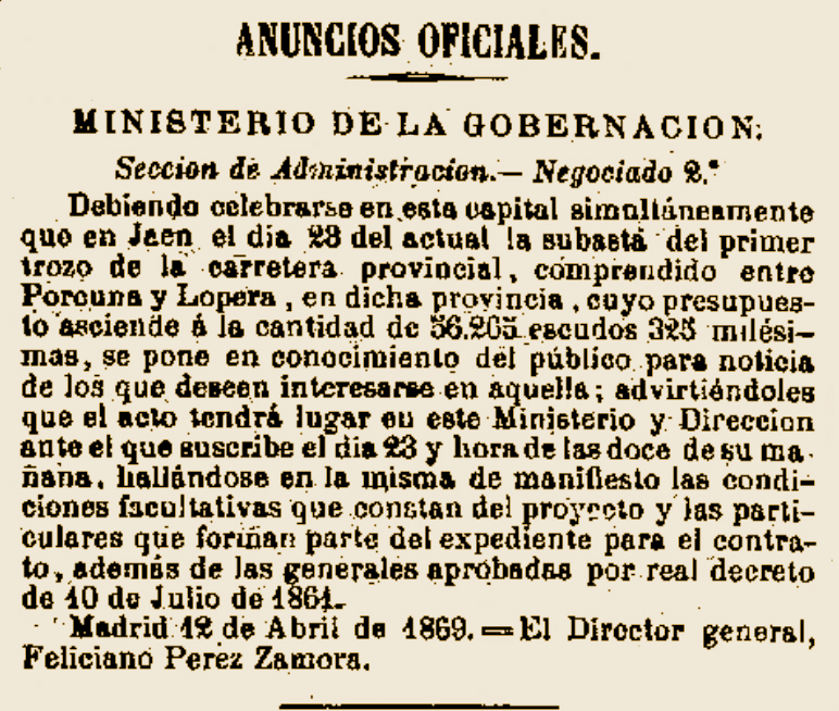 Anuncio de la Subasta de la Carretera de entre Porcuna y Lopera cuyo presupuesto ascendía de 56.265 escudos y 325 milésimas en el año 1869