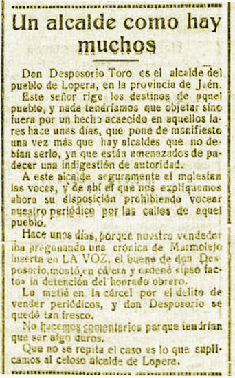 El Alcalde de Lopera ordena meter en la cárcel al vendedor en Lopera del Diario La Voz en 1922
