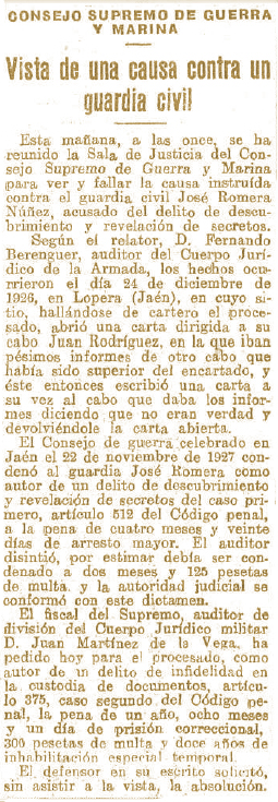 Consejo de Guerra contra un Guardia Civil de Lopera celebrado en Jaén el 22 de Noviembre de 1927