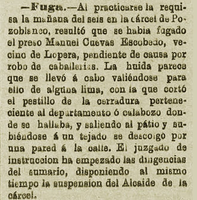 Un vecino de Lopera logra fugarse de la Cárcel de Pozoblanco (Córdoba) en 1884