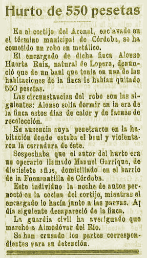 Roban 550 pesetas al loperano Alonso Huertas Ruiz encargado del cortijo El Arenal (Córdoba) en 1925