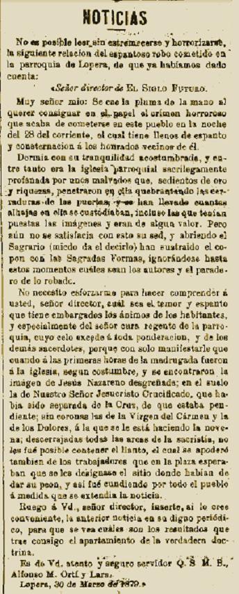 Robo en la Iglesia Parroquial de Lopera el 28 de Marzo 1879