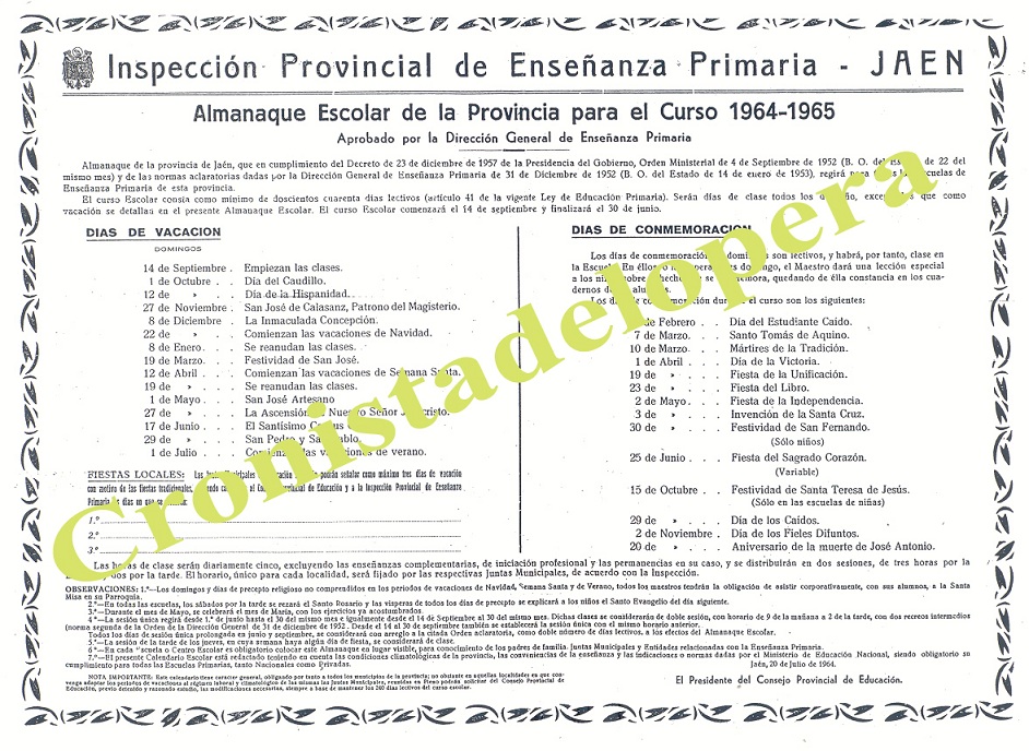 Almanaque Escolar de la Provincia de Jaén del Curso 1964-65