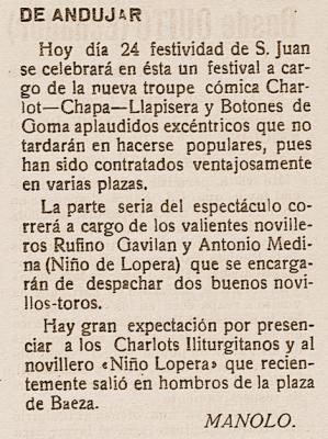 El Novillero Loperano Antonio Medina "Niño de Lopera" en un Festival Taurino en Andújar en 1934