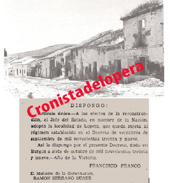 Lopera Pueblo Adoptado a efectos de Reconstrucción el 23 se Septiembre de 1939