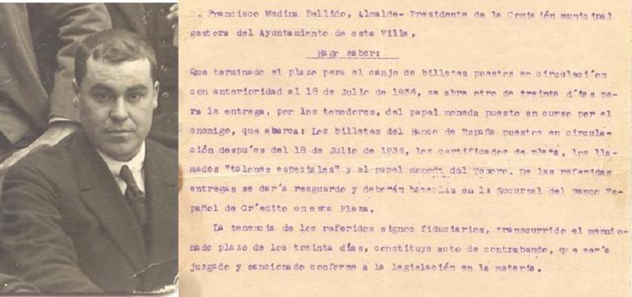Bando del 26 de Mayo de 1939 del Alcalde de Lopera Francisco Medina Bellido para el canje de billetes puestos en circulación con anterioridad al 18 de Julio de 1936