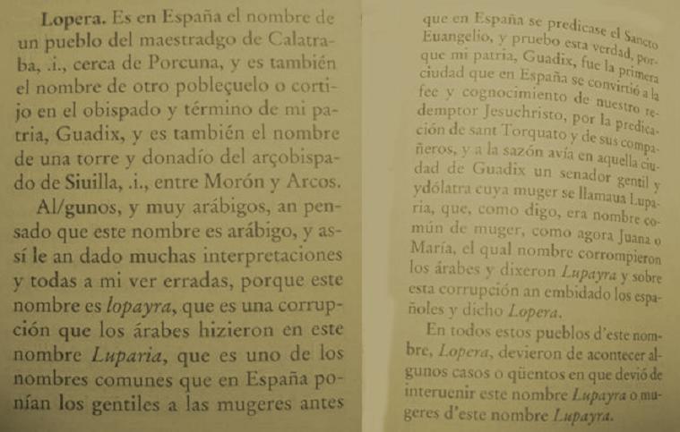 Descripción de Lopera en la obra " Recopilación de algunos nombres arábigos que los árabes pusieron a algunas ciudades y a otras muchas cosas" de Diego de Guadix