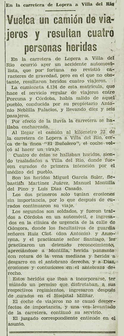 Vuelca la furgoneta de viajeros de Porcuna a Córdoba en la curva del "Buñolero" causando 4 heridos en 1929