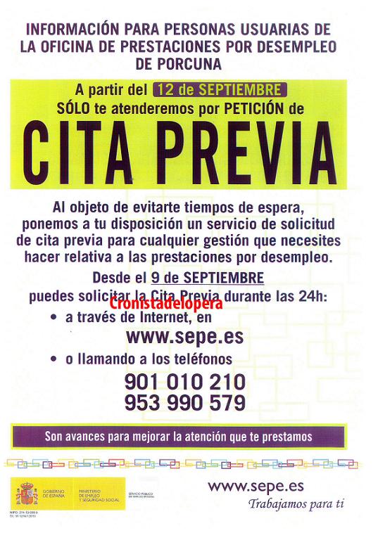 A partir del 12  de Septiembre sólo se atenderá a las personas usuarias de la Oficina de Prestaciones por Desempleo de Porcuna por petición de CITA PREVIA a través de internet o por teléfono