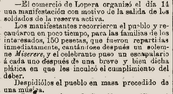 Despedida de los Comerciantes de Lopera a los Soldados de la Reserva Activa que partieron para Cuba en 1893