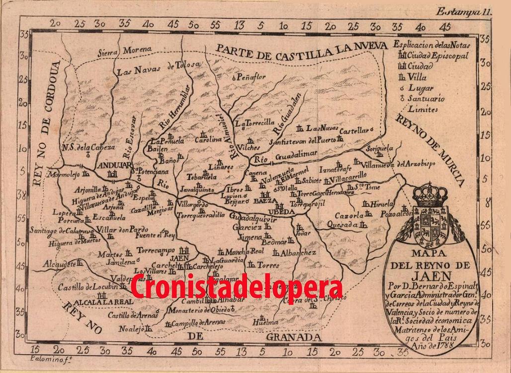 La Villa de Lopera en el Mapa del Reino de Jaén por Bernardo Espinalt en 1788