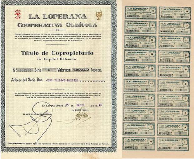 Titulo de Copropietario de la Cooperativa Oleícola La Loperana de José Vallejo Bellido. Año 1946