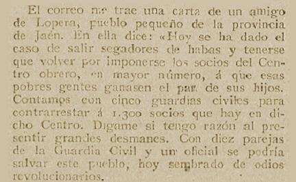 Carta de un Loperano: Disturbios en Lopera. Los Socios del Centro Obrero de Lopera se oponen a que trabajen los segadores de habas en 1919