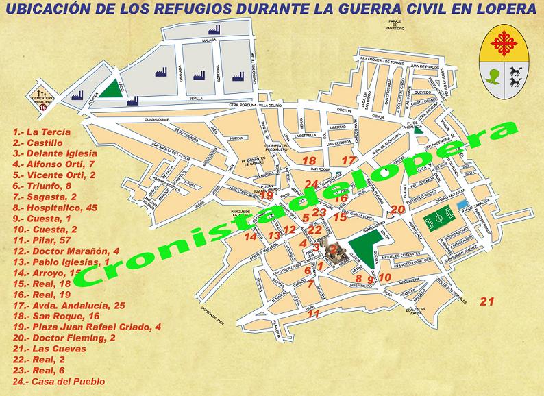 Plano de ubicación de los 24 Refugios Urbanos durante de la Guerra Civil en Lopera