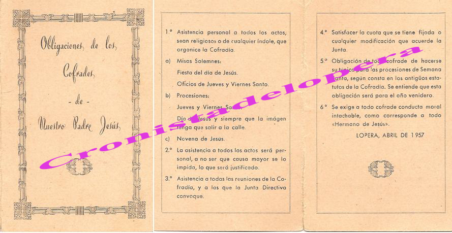 Obligaciones de los Cofrades de Ntro. Padre Jesús Nazareno de Lopera en el año 1957