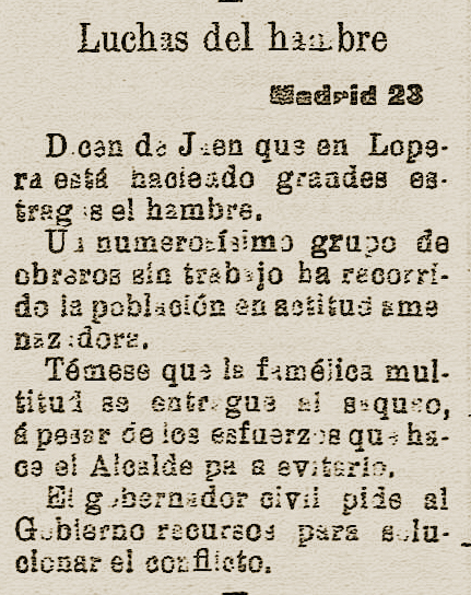Hambruna en Lopera en 1908 según se recoge en el periódico El Regional de  24-8-1908