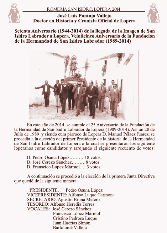 Veinticinco Aniversario de la Fundación de la Hermandad de San Isidro Labrador Lopera (1989-2014)