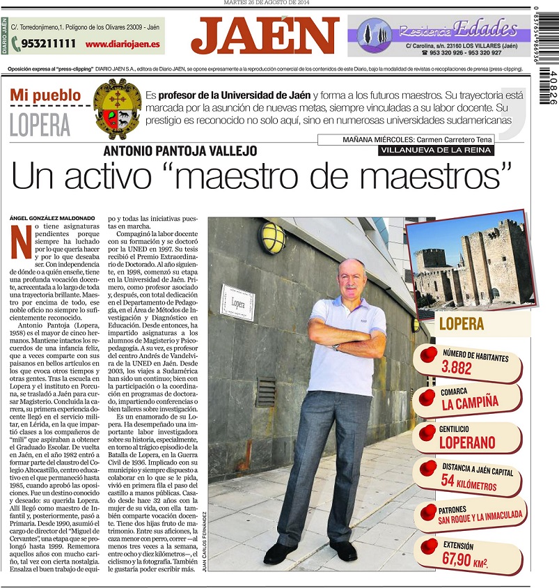 Diario JAEN dedica hoy su contraportada en la sección Mi Pueblo LOPERA al Profesor de la Universidad de Jaén, el loperano Antonio Pantoja Vallejo