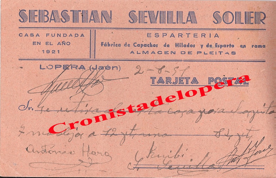 Factura del 2 de Agosto de 1951 de la Fábrica de Capachos de Hilados y de Esparto en Rama. Almacén de Pleitas del loperano Sebastián Sevilla Soler. Casa Fundada en Lopera en 1921.