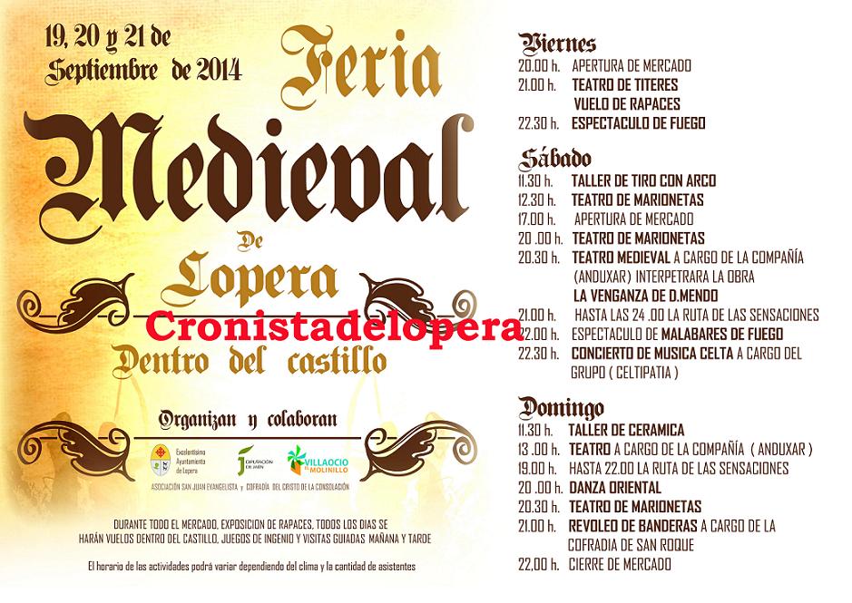 Programa de Actos de la Feria Medieval a celebrar en el Castillo de Lopera del 19 al 21 de Septiembre