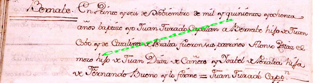 Partida de Bautismo del Cronista, Científico y Sacerdote Jesuita loperano Bernabé Cobo Peralta (autor de la Historia del Nuevo Mundo y la Fundación de Lima), nacido en Lopera el 26 de Noviembre de 1580 y fallecido en Lima (Perú) el  9 de octubre de 1657.