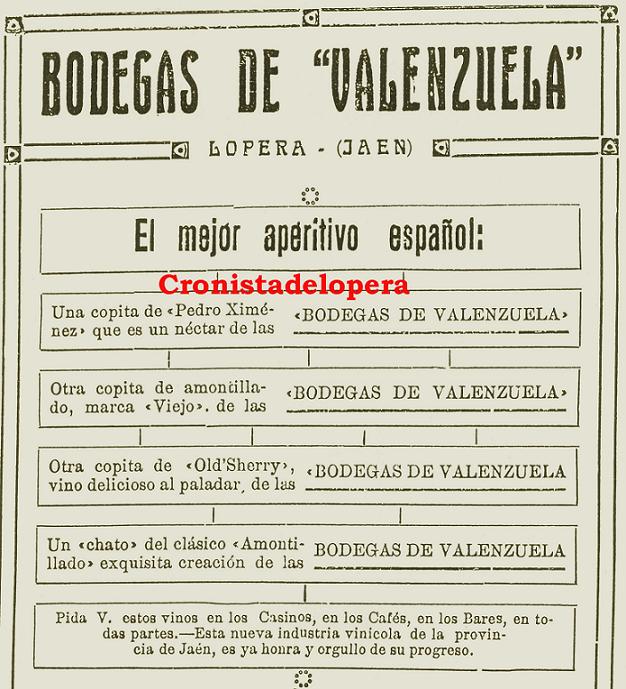 Propaganda de los vinos de las Bodegas Valenzuela de Lopera en el periódico "El Agro Andaluz" del año 1930.