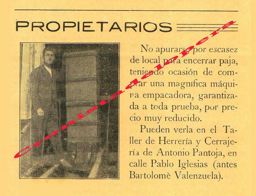 Publicidad recogida en el Periódico Quincenal Independiente "Ecos Loperanos" de la primera máquina empacadora de paja que llegó a Lopera en 1932 cuyo representante era el polifacético Maestro Herrero Antonio Pantoja Lopera